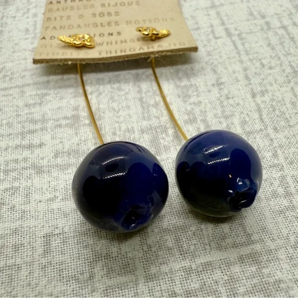 NWT Anthropologie 14k Gold Plated Blueberry Fruit & Icon Drop Earrings 🫐 - Picture 3 of 4